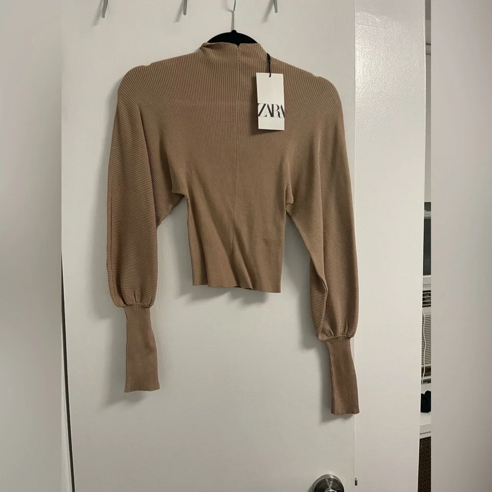 Zara Ribbed Balloon Sleeve Turtleneck Sweater in Bronze - Picture 1 of 4